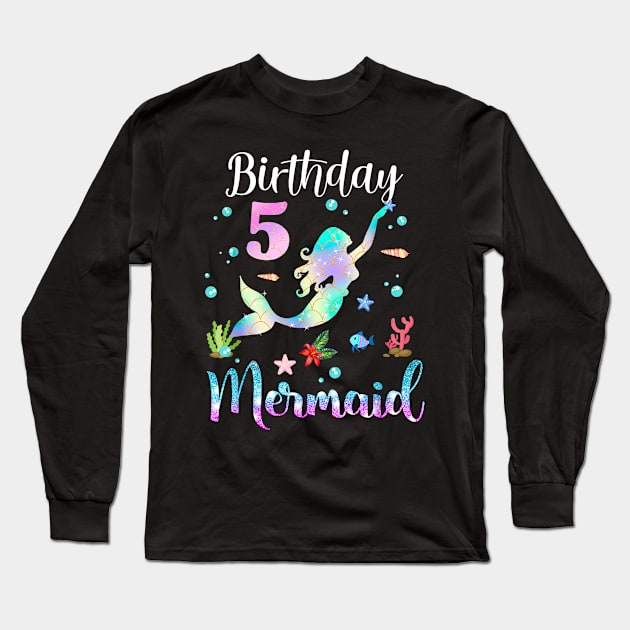 5 Years Old Birthday Mermaid Happy 5th Birthday Long Sleeve T-Shirt by Vintage White Rose Bouquets